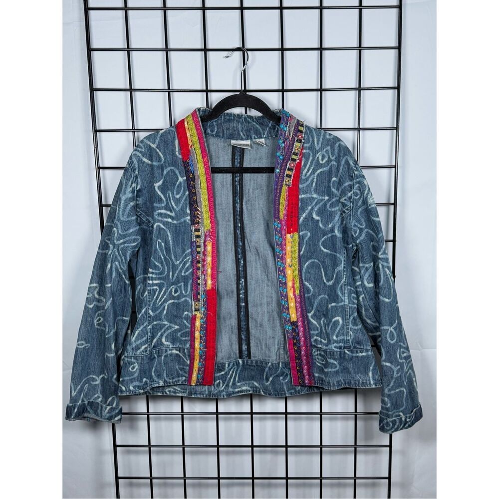 Chico's Denim‎ Jacket Womens 1 (M) Blue Floral Embroidered Bohemian Hippie Boho